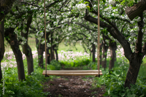 Wooden swing hanging from a tree in a blooming garden. Generative AI