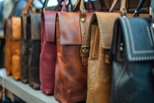 Collection of trendy women's colorful leather handbags displayed on the shelf of an accessory boutique. Close-up with shallow depth of field. Fashion & Style.