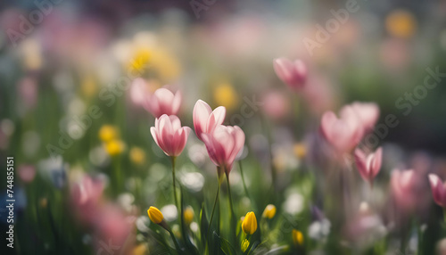 beautiful pink wild meadow flowers in spring, vertical landscape with purple pink flowers with blurred background. Soft pastel tones, magical nature copy space wallpaper
