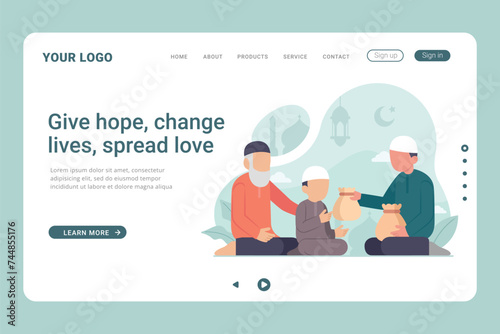 Photography Muslim people paying zakat to poor people landing page web vector illustration