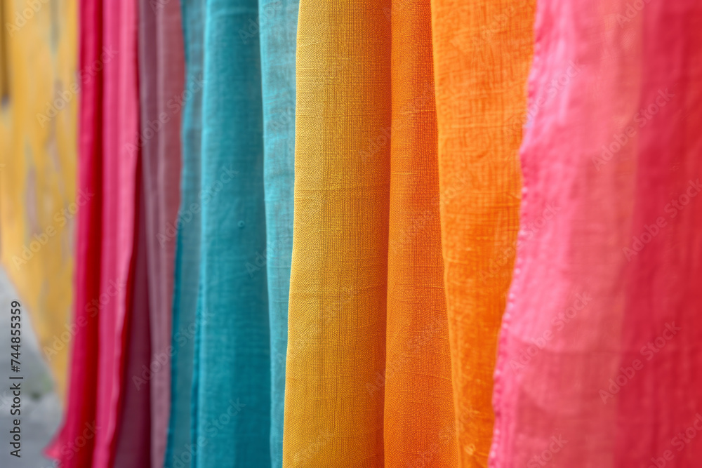 Row of colorful luxurious textiles hanging on the rack. Natural fabrics of different vibrant colors. Creative background. Close-up.