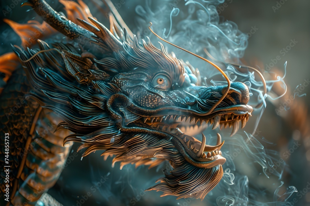 Oriental dragon exhaling smoke - obrazy, fototapety, plakaty 