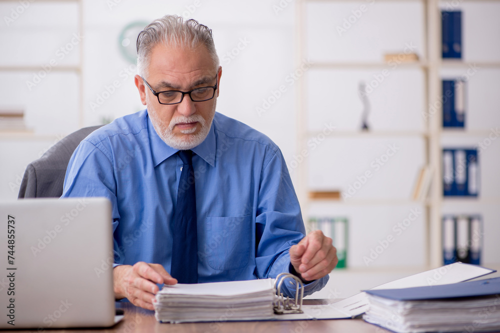 Old male employee working in the office Old male employee working in the office