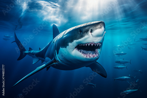 An imposing great white shark with open jaws swimming underwater.