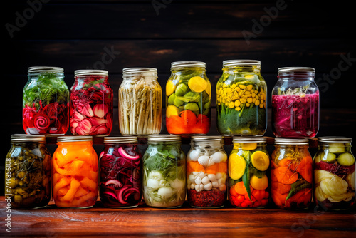 Various jars of colorful pickled vegetables on a wooden table, a showcase of homemade preservation.