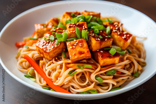 A plate of stir-fried tofu and noodles garnished with sesame seeds and scallions, a savory vegan option.