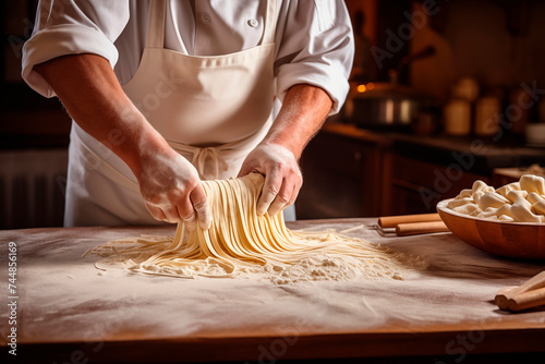 A chef skillfully handcrafts fresh pasta in a kitchen, highlighting the art of traditional Italian culinary preparation.