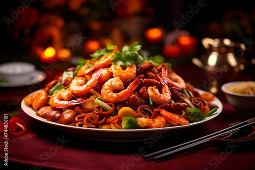 A lavish plate of sautéed prawns and vegetables, served in an opulent setting, embodying the richness of traditional Asian cuisine.
