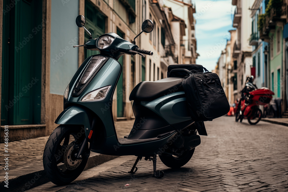 A scooter parked on a cobblestone street in an urban environment, representing modern, convenient urban transportation.

