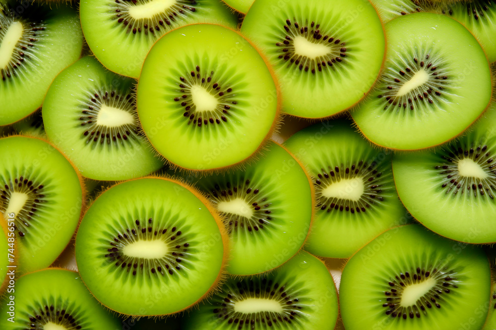 Close-up of vibrant green kiwi slices arranged, showcasing the fresh and fibrous texture of the fruit. Close-up of vibrant green kiwi slices arranged, showcasing the fresh and fibrous texture of the fruit.
