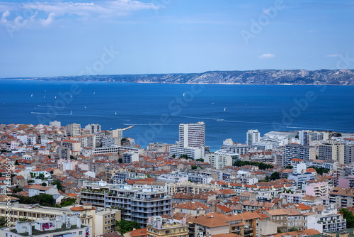 Beautiful panoramic view of the city of Marseille. Marseille is the second largest city of France, capital of the Provence-Alpes-Cote d'Azur region. MARSEILLE, FRANCE. © dbrnjhrj