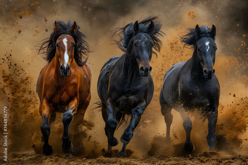 Fototapeta premium A herd of horses running, scattering dust
