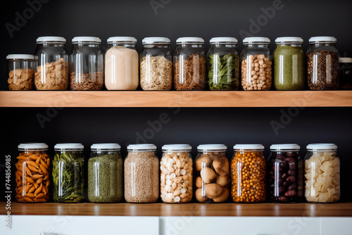 A well-organized pantry with labeled containers, glass jars, and fresh produce on wooden shelves.