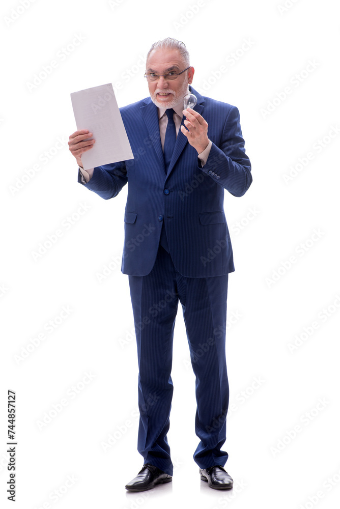 Old businessman in happy idea concept isolated on white Old businessman in happy idea concept isolated on white