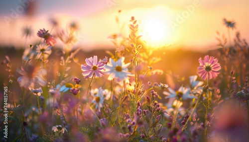 Photo of flowers in the field during golden hour  flowers during golden hour  golden hour field