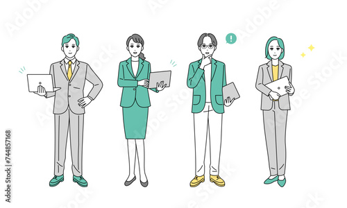 PCを持つ様々な職種のビジネスパーソンの全身イラスト