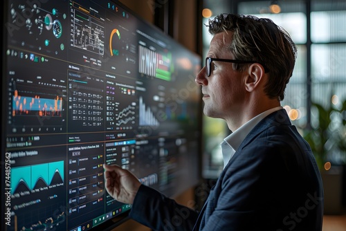 Analyst analyzing while looking at a large monitor