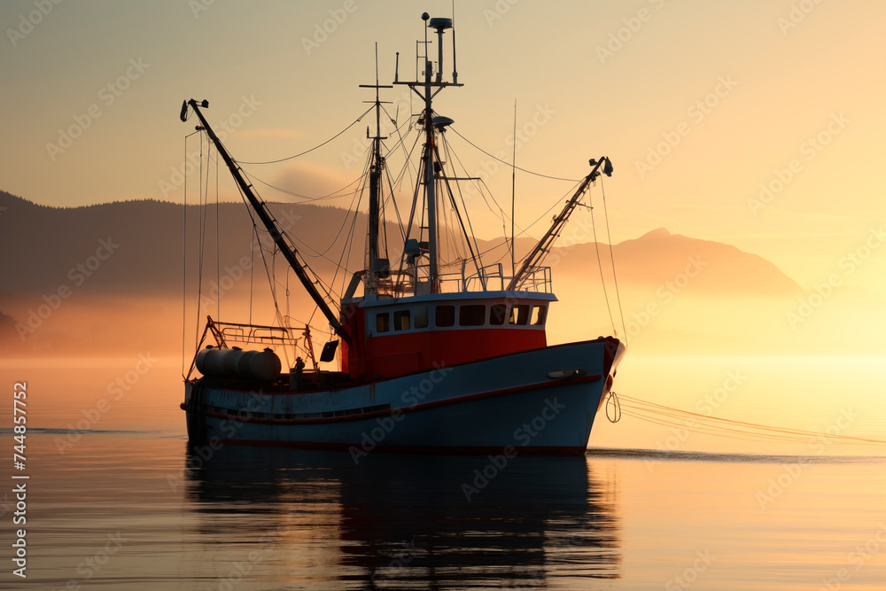 A tranquil scene with a fishing boat silhouette against an orange sunrise, reflecting on calm waters.