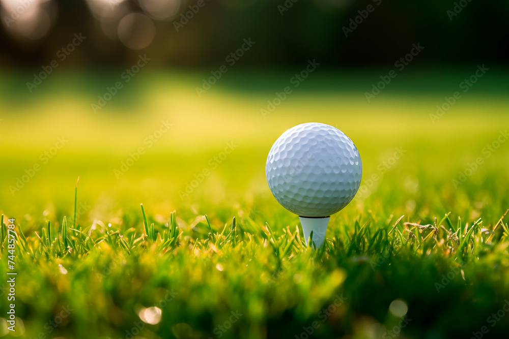 A close-up of a golf ball on a tee, nestled in vibrant green grass on a tranquil golf course, with a focused shadow. A close-up of a golf ball on a tee, nestled in vibrant green grass on a tranquil golf course, with a focused shadow.