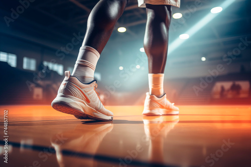 Low angle view of basketball player's sneakers on the glossy court floor, implying action.