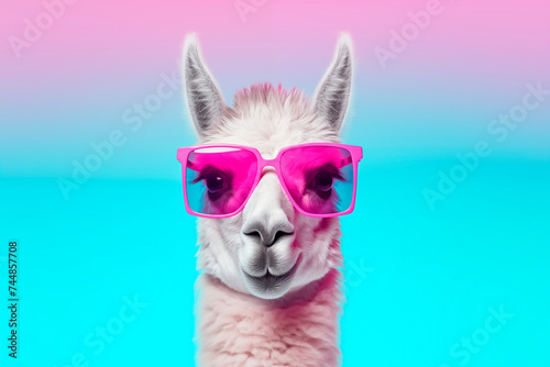 A quirky llama sporting pink sunglasses against a vibrant pastel gradient background, embodying playful fashion.