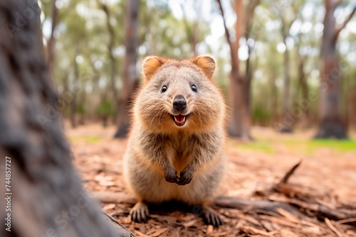 A friendly quokka smiling at the camera, nestled in its natural bushland habitat, exemplifying its curious and adorable nature.
