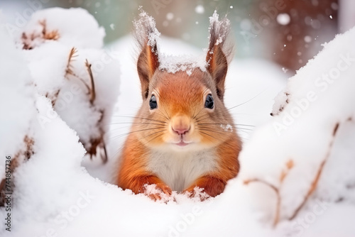 A curious brown squirrel peeks through fresh snow, its fluffy fur and bright eyes highlighting its winter adaptability.       © EricMiguel