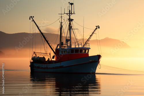 A tranquil scene with a fishing boat silhouette against an orange sunrise, reflecting on calm waters.