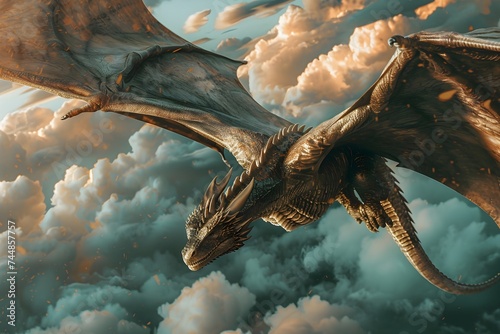 A vicious dragon flying high in the sky on clouds photo