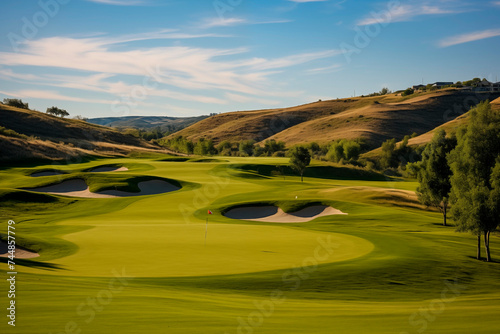 Vast golf course with undulating green fairways and sand bunkers amid rolling hills and scenic landscape.