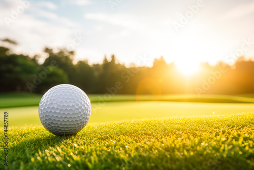 A detailed close-up of a white golf ball on the tee, with morning sunlight casting a soft glow over the green.