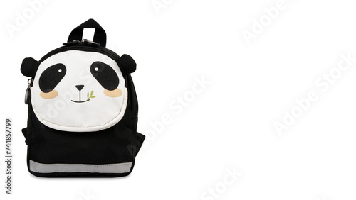 Front view closeup of colorful panda-shaped schoolbag isolated on white copy-space background. (ID: 744857799)