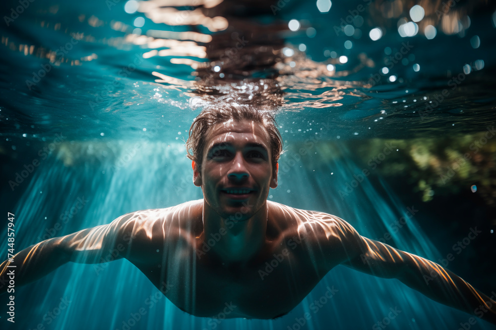 A man swimming towards the camera underwater with a bright smile. - obrazy, fototapety, plakaty 