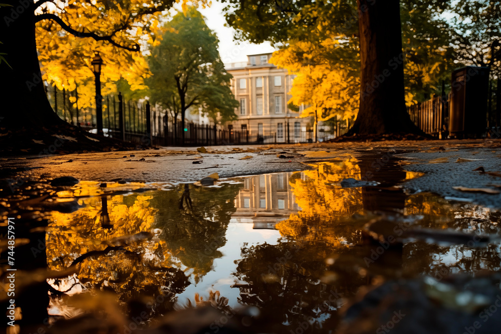 Autumn leaves reflecting in a puddle, creating a peaceful city scene with golden hues.