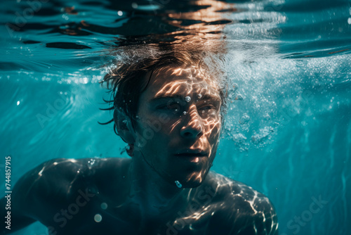 A young man swimming underwater, light patterns dancing on his face.