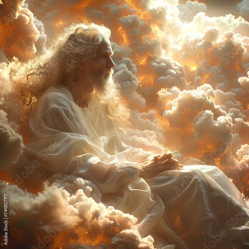 God in the form of a white-haired old man sitting in a thick cloud or smoke photo