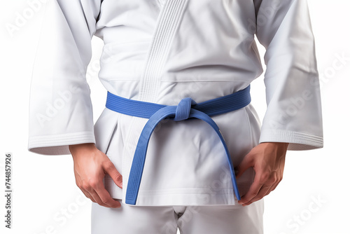 Close-up of a blue karate belt on a white martial arts gi.