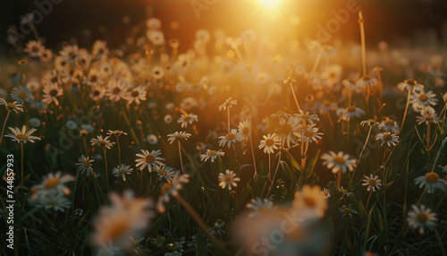 Photo of flowers in the field during golden hour, flowers during golden hour, golden hour field