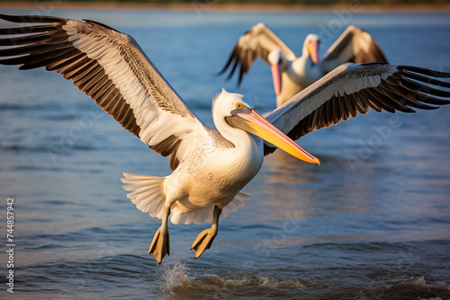 A group of pelicans with outstretched wings landing on water.