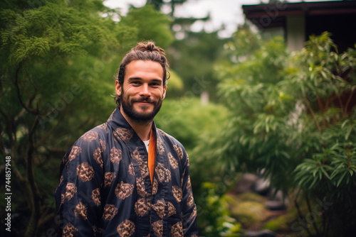 A smiling man wearing a traditional kimono in a lush garden setting.