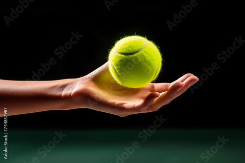 Hand delicately balancing a tennis ball against a dark background, creating an illusion of levitation. © EricMiguel