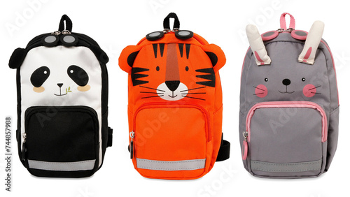 Front view closeup of long colorful animal-shaped schoolbags isolated on white background. (ID: 744857988)