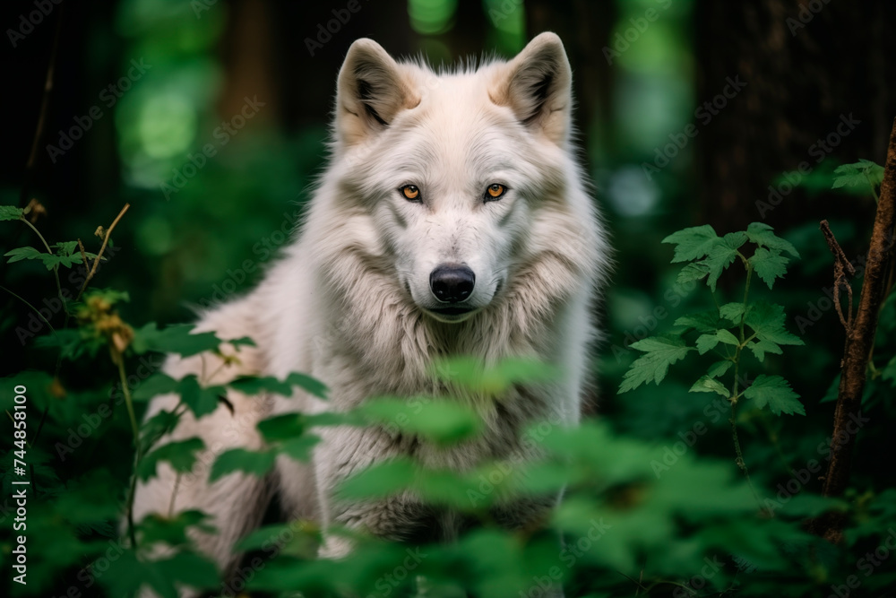 White wolf with a piercing gaze amidst green forest foliage.