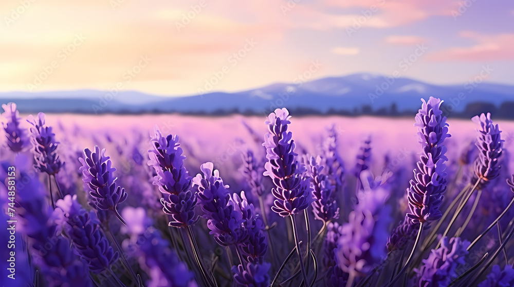 Obraz premium Close-up of colorful blooming lavender fields in front of cloudy blue sky