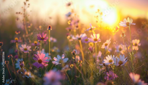 Photo of flowers in the field during golden hour, flowers during golden hour, golden hour field