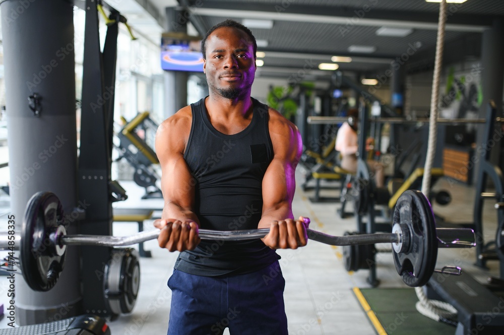 Portrait Of Athletic Man With Barbell In Hands Exercising At Gym Portrait Of Athletic Man With Barbell In Hands Exercising At Gym
