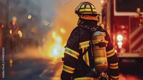 a firefighter standing in front of a fire