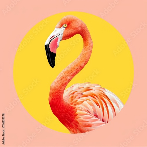 a flamingo with a yellow circle