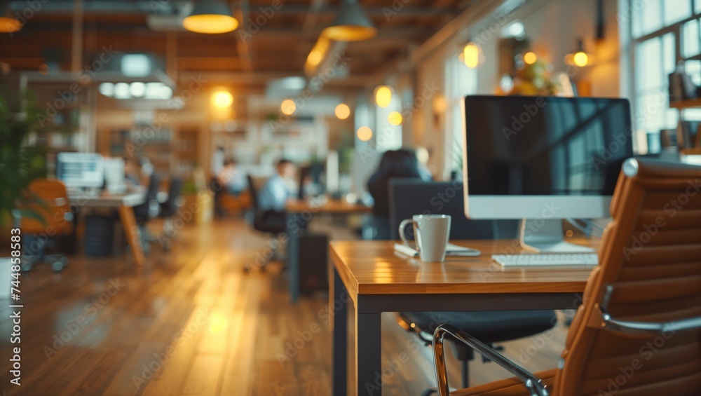 Blurred photo of businesspeople working at desk in office Blurred photo of businesspeople working at desk in office