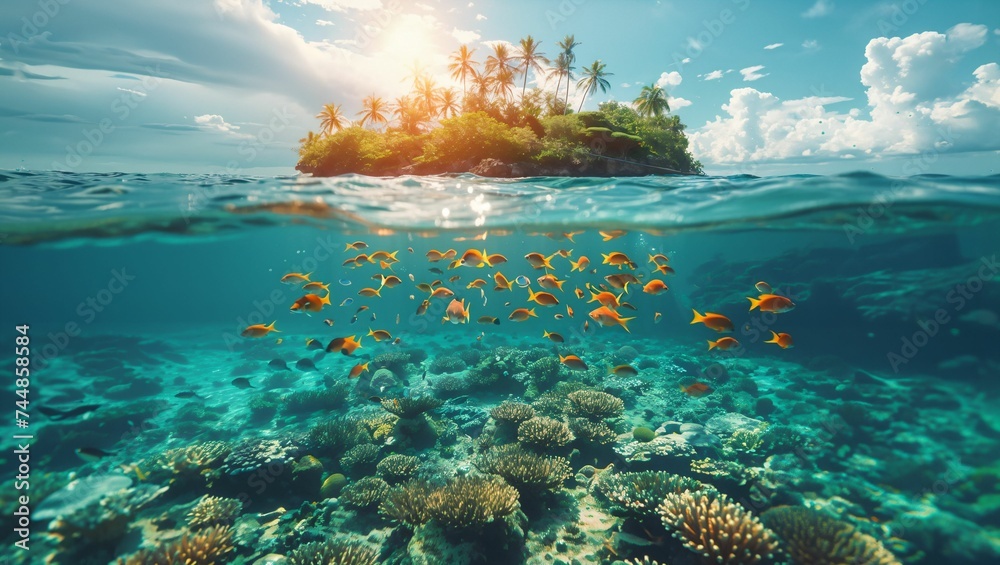 Tropical island and beautiful underwater - obrazy, fototapety, plakaty 
